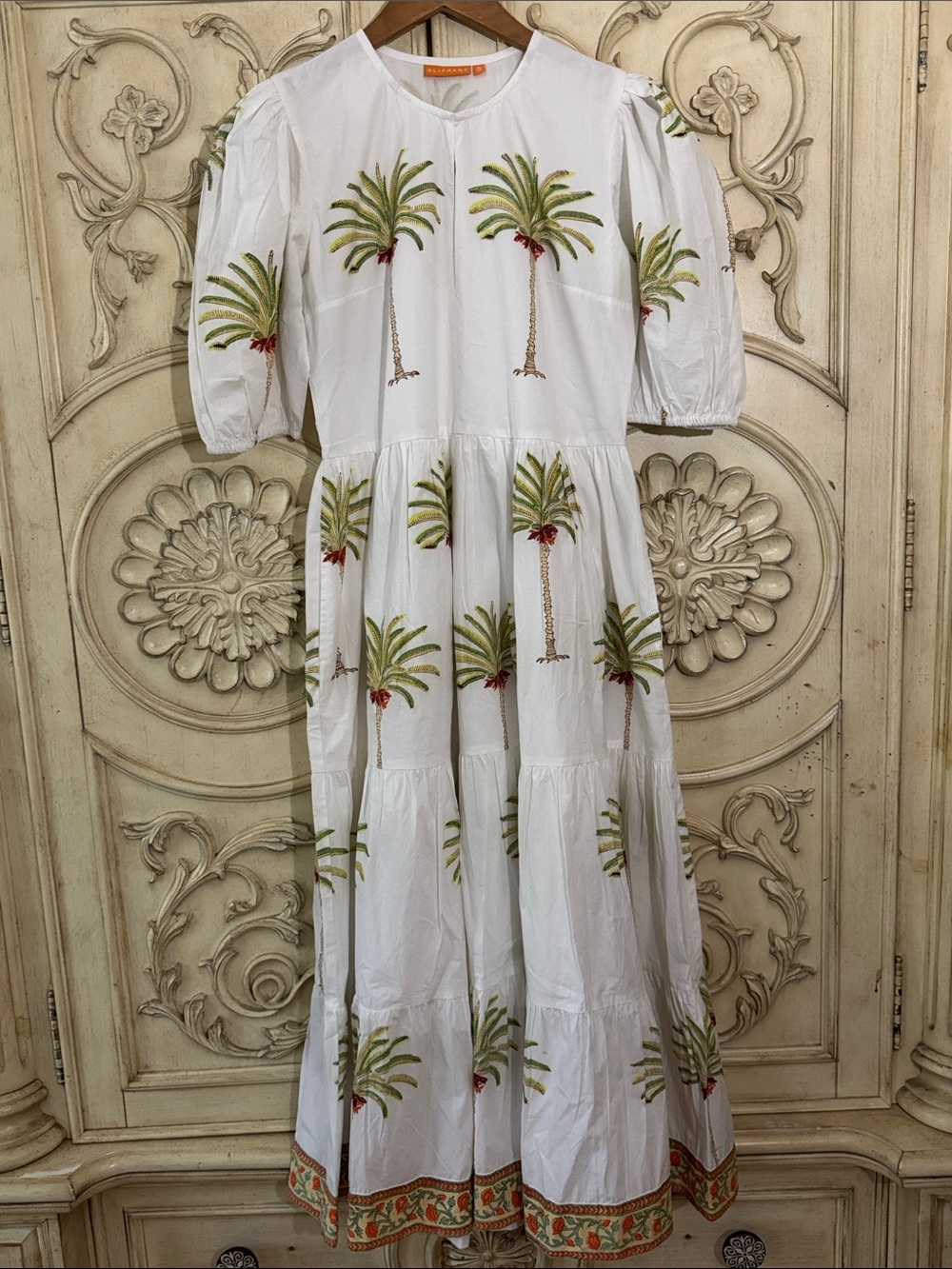 Oliphant 100% Cotton White Palm-Print Puff Sleeve Maxi Dress | Size Small 🌴